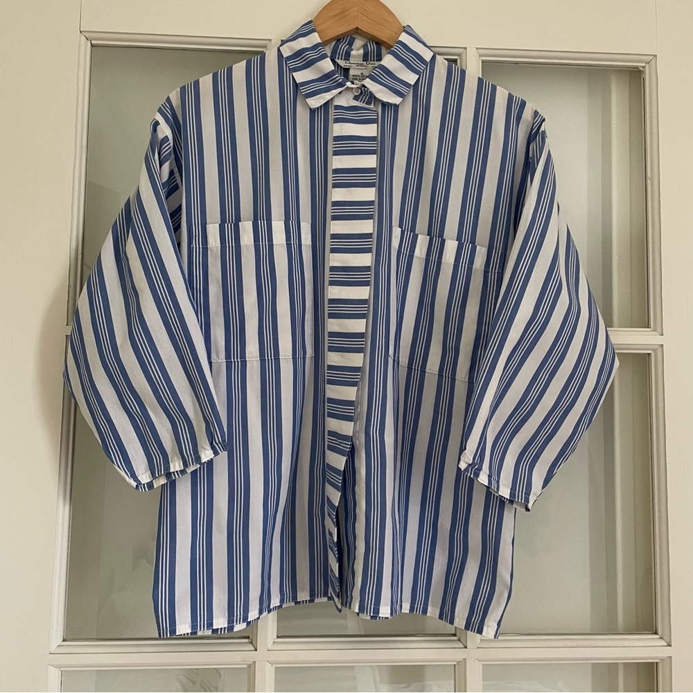 Christian Dior vintage blue white striped button up shirt 100% cotton Medium M